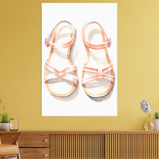 Waterverf Roze Gestreepte Zomer Sandalen Kunst Canvas Afdruk