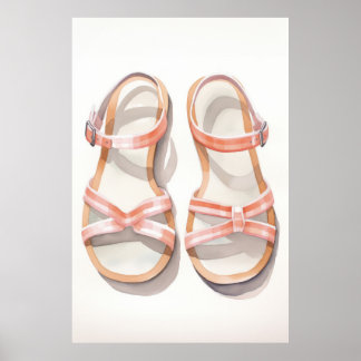 Waterverf Roze Gestreepte Zomer Sandalen Kunst Poster