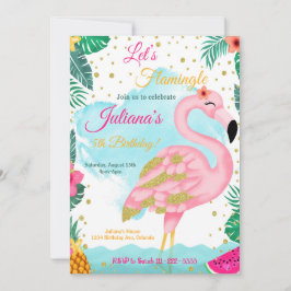 Waterverf Roze Glitter Flamingo Verjaardagsuitnodi Kaart
