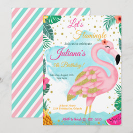 Waterverf Roze Glitter Flamingo Verjaardagsuitnodi Kaart