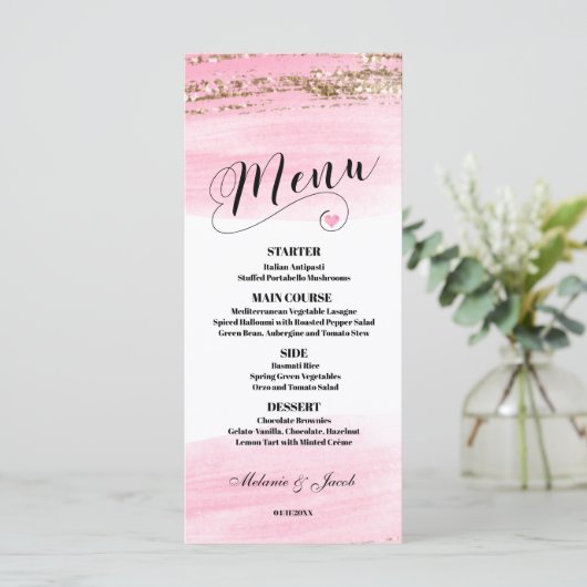 Waterverf Roze Gold 4x9 flat Menu Kaart (Staand voorkant)
