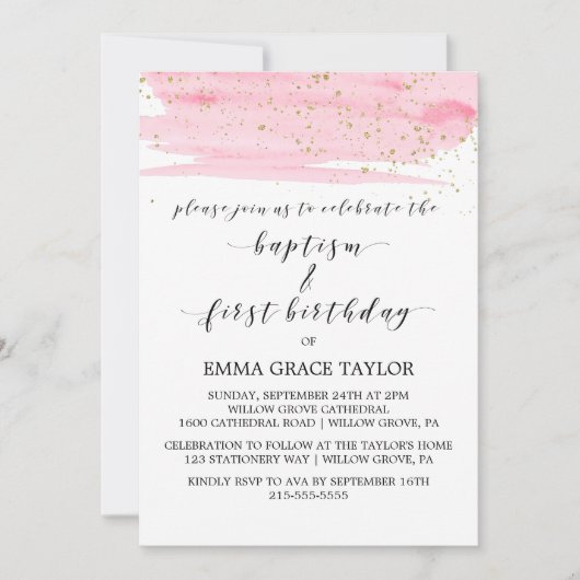 Waterverf Roze & Gold Baptisme & 1e verjaardag Kaart (Voorkant)