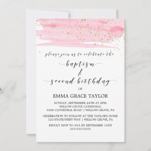Waterverf Roze & Gold Baptisme & 2e verjaardag Kaart (Voorkant)
