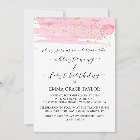 Waterverf Roze & Gold Christening en 1e verjaardag Kaart (Voorkant)