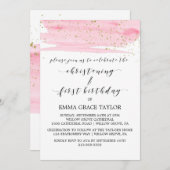 Waterverf Roze & Gold Christening en 1e verjaardag Kaart (Voorkant / Achterkant)