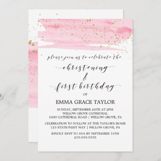 Waterverf Roze & Gold Christening en 1e verjaardag Kaart (Voorkant / Achterkant)