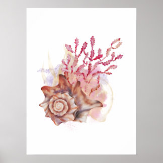 Waterverf Roze & Gold Seashell Moderne Wall Art Poster