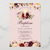 Waterverf Roze Goud Bourgondië Bloemen Doop Folie Uitnodiging (Voorkant)