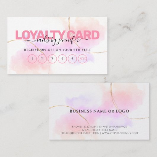 Waterverf Roze Goud Chique Nagels Beauty Salon Klantenkaartje (Voorkant / Achterkant)