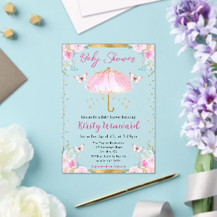 Waterverf Roze Goud Lente Paraplu Baby Shower Acryl Uitnodigingen