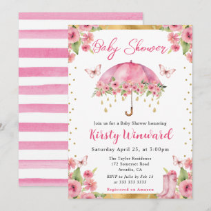 Waterverf Roze Goud Lente Paraplu Baby Shower Kaart