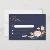 Waterverf Roze Goud Navy Boho Bloemen Bruiloft RSV RSVP Kaartje (Voorkant)