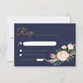 Waterverf Roze Goud Navy Boho Bloemen Bruiloft RSV RSVP Kaartje