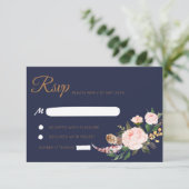 Waterverf Roze Goud Navy Boho Bloemen Bruiloft RSV RSVP Kaartje (Staand voorkant)