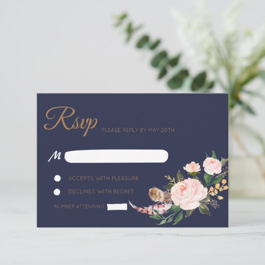 Waterverf Roze Goud Navy Boho Bloemen Bruiloft RSV RSVP Kaartje (Staand voorkant)