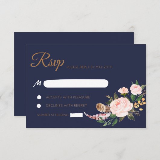 Waterverf Roze Goud Navy Boho Bloemen Bruiloft RSV RSVP Kaartje (Voorkant / Achterkant)
