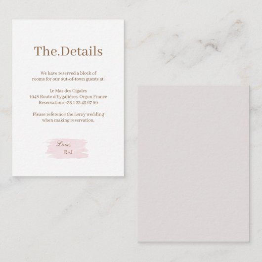 Waterverf Roze Goud Wit Trouwhotel Details Informatiekaartje (Voorkant / Achterkant)
