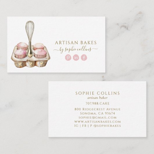 Waterverf Roze Gouden Bakker Bakkerij Pastry Chef Visitekaartje (Voorkant / Achterkant)