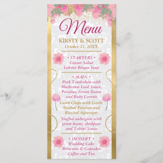 Waterverf Roze & Gouden Bloemen Bruiloft Menu (Voorkant)