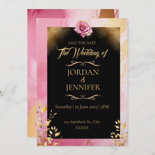 Waterverf Roze & Gouden Bruiloft Save the Date Kaart (Voorkant / Achterkant)