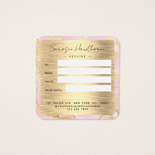 Waterverf Roze Gouden Folie Cadeaubon Glitter Vierkante Visitekaartjes (Achterkant)