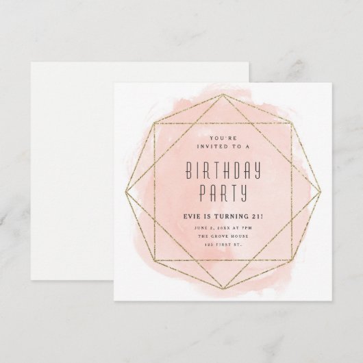 Waterverf roze gouden glitter verjaardagsfeestje kaart (Voorkant / Achterkant)