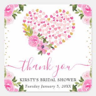 Waterverf Roze Gouden Harten Bloemen Bruidsdouche Vierkante Sticker