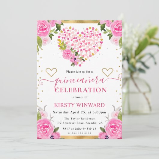 Waterverf Roze Gouden Harten Bloemen Quinceanera Kaart (Staand voorkant)