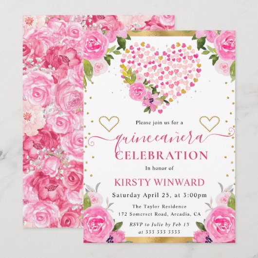 Waterverf Roze Gouden Harten Bloemen Quinceanera Kaart (Voorkant / Achterkant)