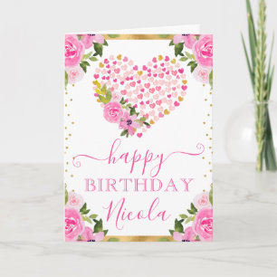 Waterverf Roze Gouden Harten Bloemen Verjaardag Kaart
