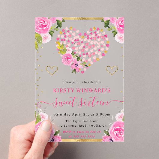 Waterverf Roze Gouden Harten Bloemen Zoet 16 Acryl Uitnodigingen (Insitu (Draagbaar))