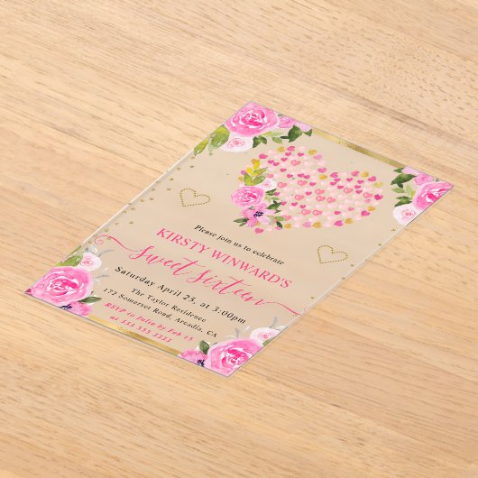 Waterverf Roze Gouden Harten Bloemen Zoet 16 Acryl Uitnodigingen (Laagn)