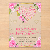 Waterverf Roze Gouden Harten Bloemen Zoet 16 Acryl Uitnodigingen (Voorkant)