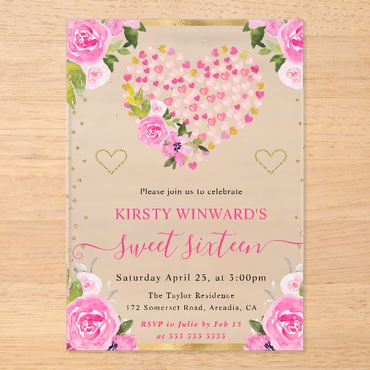 Waterverf Roze Gouden Harten Bloemen Zoet 16 Acryl Uitnodigingen (Voorkant)