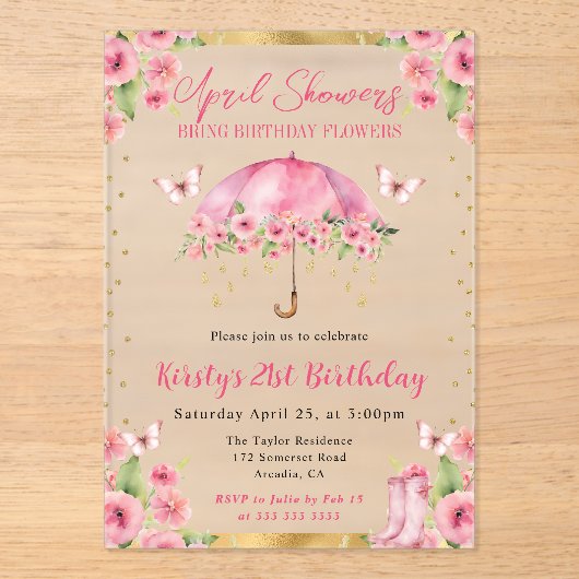 Waterverf Roze Gouden Lente Paraplu 21ste Verjaard Acryl Uitnodigingen (Voorkant)