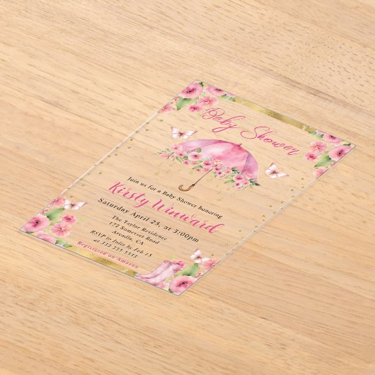 Waterverf Roze Gouden Lente Paraplu Baby shower Acryl Uitnodigingen (Laagn)