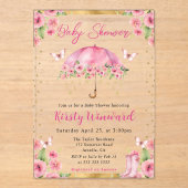 Waterverf Roze Gouden Lente Paraplu Baby shower Acryl Uitnodigingen (Voorkant)