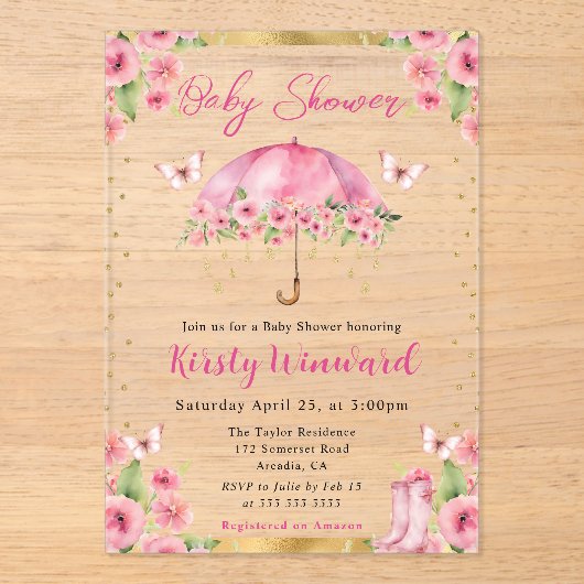 Waterverf Roze Gouden Lente Paraplu Baby shower Acryl Uitnodigingen (Voorkant)