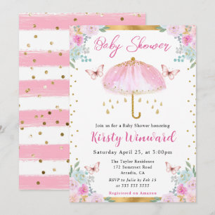 Waterverf Roze Gouden Lente Paraplu Baby Shower Kaart