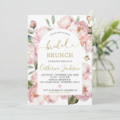 Waterverf Roze Gouden Pioen Bloemen Bruidsbrunch Kaart (Staand voorkant)