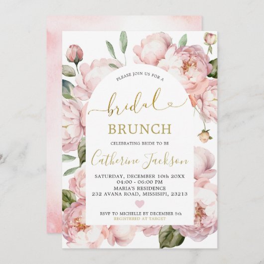 Waterverf Roze Gouden Pioen Bloemen Bruidsbrunch Kaart (Voorkant / Achterkant)