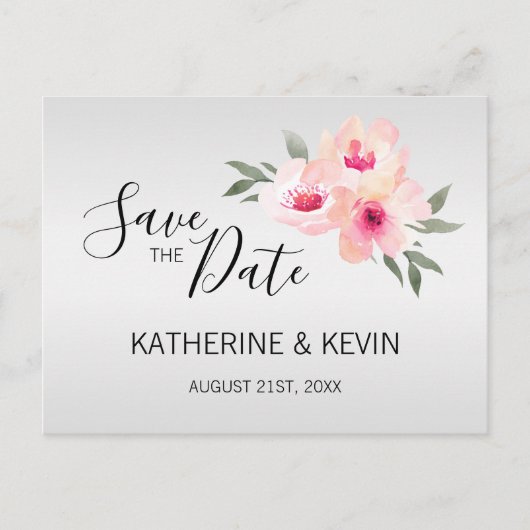 Waterverf Roze Grijs Bloemen Bruiloft SAVE THE DAT Aankondigingskaart (Voorkant)