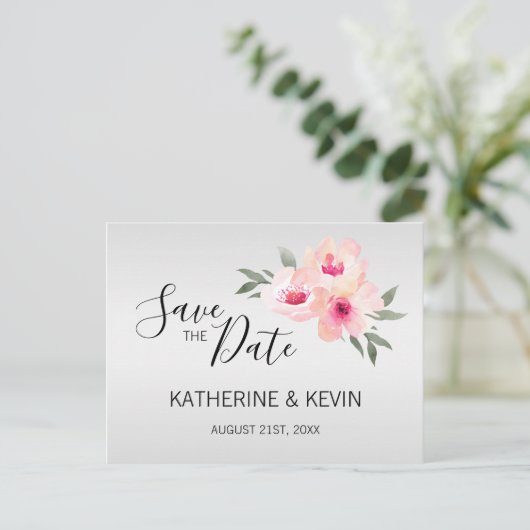 Waterverf Roze Grijs Bloemen Bruiloft SAVE THE DAT Aankondigingskaart (Staand voorkant)