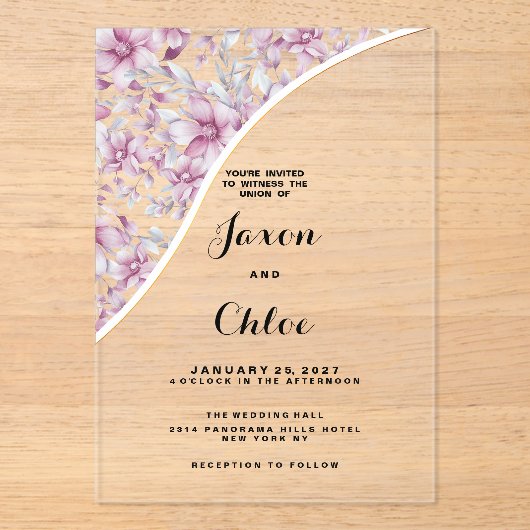 Waterverf roze grijs botanische bloemen bruiloft acryl uitnodigingen (Voorkant)