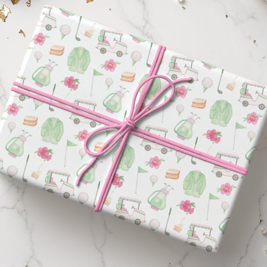 Waterverf Roze & Groen Golfkar Toernooi Cadeaupapier