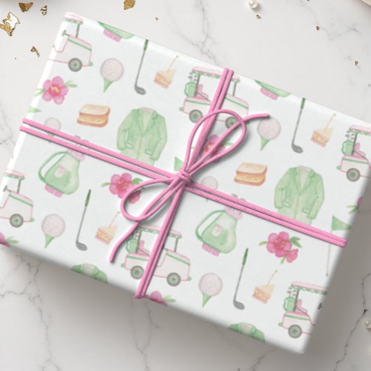 Waterverf Roze & Groen Golfkar Toernooi Cadeaupapier
