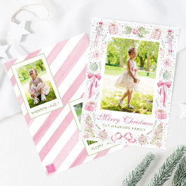 Waterverf Roze & Groen Kerst Frame Foto Feestdagenkaart