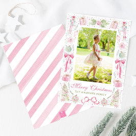 Waterverf Roze & Groen Kerst Frame Foto Feestdagenkaart