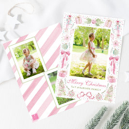Waterverf Roze & Groen Kerst Frame Foto Feestdagenkaart