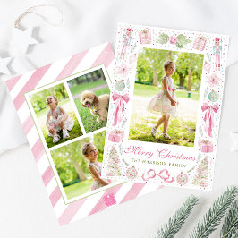 Waterverf Roze & Groen Kerst Frame Foto Feestdagenkaart